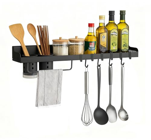 SUNNYNEST 1PC Wall Mounted Spice Rack 58CM Kitchen Shelf with 6 Hooks | Wall Mounted Kitchen Spice Organizer with Hooks, Space-Saving Storage Shelf for Pantry, Bathroom, Office & Restaurants