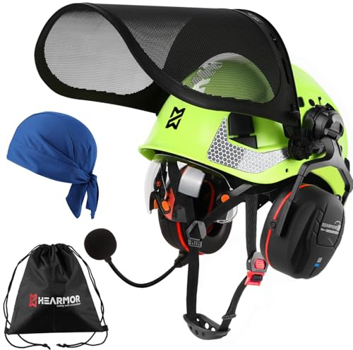 HEARMOR VOLTEK - Juego de casco de seguridad forestal, casco duro ABS con Bluetooth 5.3 Shield LD HM, protección completa para cabeza, ojos, cara y audición, a prueba de golpes, diseño ventilado
