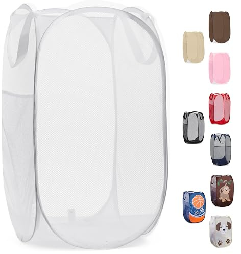 Handy Laundry Collapsible Mesh Pop Up Hamper with Wide Opening and Side Pocket - Breathable, Sturdy, Foldable, and Space-Saving Design for Clothes and Storage (White)