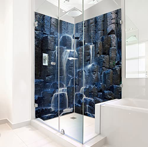 ORIGINAL plateART Eck-Duschrückwand, Rückwand Dusche Alu OHNE FUGEN, Fliesenspiegel, Fliesenersatz, Basalt Prismen Wasserfall-Motiv