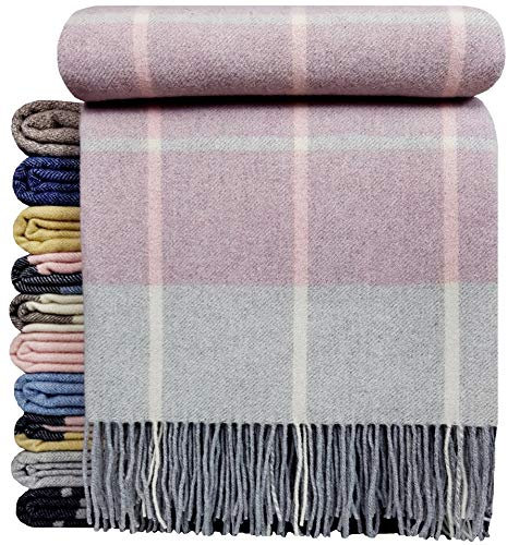 Couverture en cachemire «Faro» - Couverture 100% laine - Cachemire - Mix 140 x 200 cm - Très doux, Laine, Rosa-grau (Karo), 140 x 200 cm