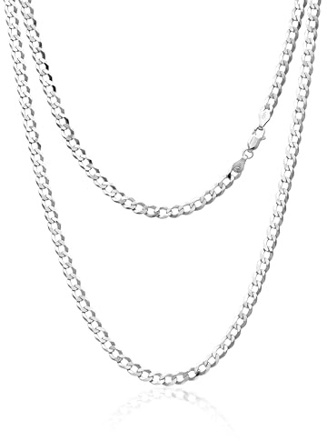AKA Gioielli® – platt pansarkedja 4,3 mm 925 sterlingsilver rodiumpläterad – silverkedja halsband kvinnor män längder: 45 50 55 60 65 75 cm, Sterlingsilver, Ädelstenfri