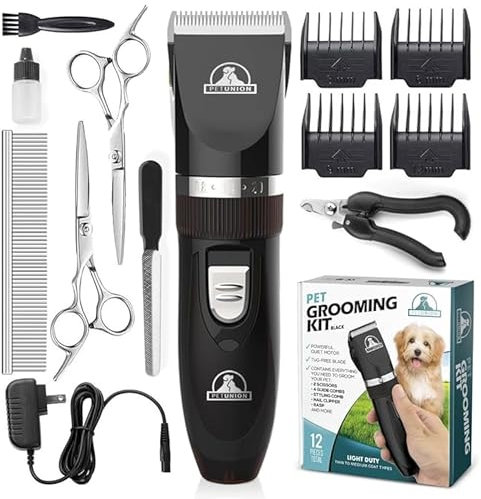Pet Union Professional Dog Grooming Kit - Rechargeable, Cordless Pet Grooming Clippers & Dog Grooming Accessories, Low Noise & Suitable Dog Clippers, Cat Clippers and for Other Pets (Black)