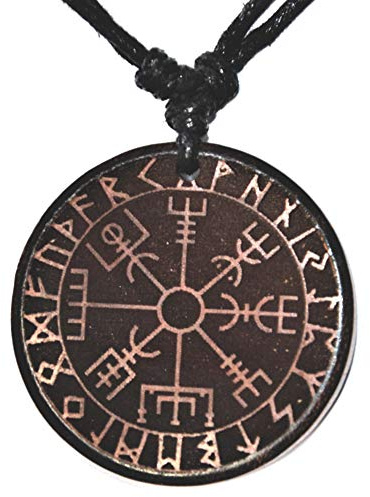 CHICNET Halskette Damen Herren Kette Holzkette Halsschmuck mit 37mm Holz Anhänger braun rund, Baumwoll Kordel schwarz verstellbar, Vegvisir Wikinger Kompass Viking Celtic keltisch Nordic nordisch