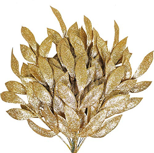 20 Pieces Gold Glittered Artificial Leaf Spray Picks 12 Tall for Christmas Winter Wedding Wreath Tree Swag Floral Arrangment Vase Bouquets Table Centerpieces Decoration