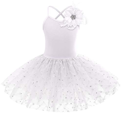 IWEMEK Mädchen Ballettkleid Ärmellos Kreuz zurück Spaghettiträger Balletttrikot Tanzbody Tütü Rock mit Blumenbrosche Kinder Ballettanzug Tanzkleid Gymnastik Tanzbekleidung #A: Weiß 7-8 Years
