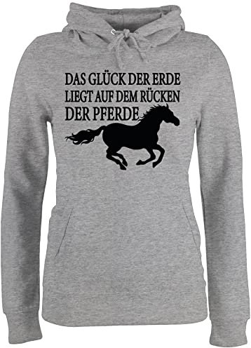 Pullover Damen Hoodie Frauen - Das Glück der Erde liegt auf dem Rücken der Pferde I Pferdeliebe Geschenk Pferdemädchen I Reiter Geschenk Reiten - L - Grau meliert - reitoberteil pferdeliebhaber