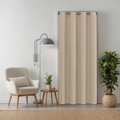 tinycurtains, tenda per porta o armadio con asta telescopica, facile da installare in 1 solo minuto senza forare (tenda beige + asta d'argento, larghezza porta 55-90 cm)