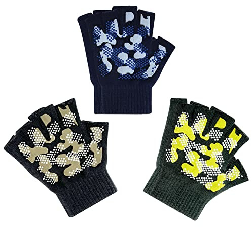 Evridwear Kids Fingerless Winter Warm Gloves,3 Pairs Half Finger Knitted Magic Stretch Gripper Touchscreen Glove for Boys Girls(Camo)