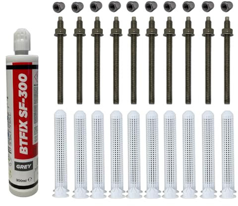 BATIFIX Schwerlast-Montageset I M10x130 Ankerstangen A4 + Siebhülsen inkl. Injektionsmörtel und Hutmuttern I Schwerlast-Anker I Schwerlast-dübel (Edelstahl V4A, M10 x 130 mm)