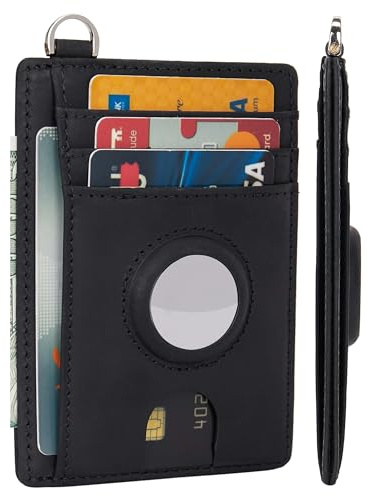 LinsCraft Slim Minimalist Airtag Card Wallet for Men & Women, Small Leather Front Pocket Wallets with Airtag Holder, RFID Blocking, Credit Card Holder Compatible with AirTag, Crazy Horse Black