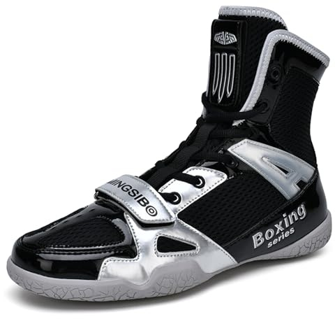 MINGSIBO Zapatos de Boxeo para Hombre, Zapatos de Lucha Libre, Boxeadores, Transpirables, Boxeo, Artes Marciales, atléticos, Fitness, Culturismo, Negro Plateado Boxing, 31 EU