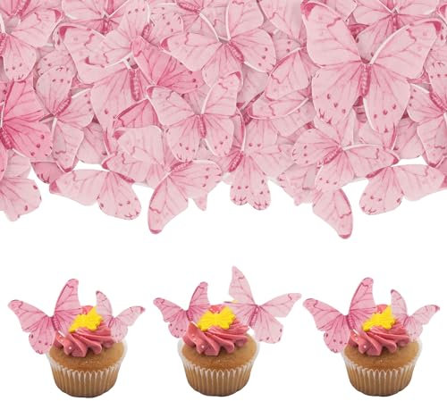 Gyufise 40pcs Butterfly Cake Decorations - Edible Wafer Paper Butterflies & Cupcake Toppers - Pink