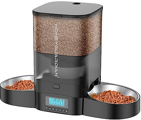 HoneyGuaridan Distributore Automatico Cibo Gatti Doppio, Distribuire Uniformemente, 3.5L Dispenser Cibo Cani & Gatti con Ciotole in Acciaio Inossidabile, 10s Registratore Vocale, 1-6 Pasti al Giorno