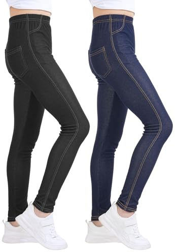 KEREDA Jeggings Mädchen Leggings Hosen Kinder Stretch Jeans-Optik 2er-Pack, Dunkelblau/Schwarz, EU 134-140, Manufacturer 140