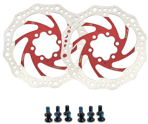 Yongness Discos de freno de bicicleta, paquete de 2 con 12 tornillos, Rotores de disco de freno de bicicleta de 140 mm/160 mm/180 mm/203 mm para bicicletas urbanas y de montaña (Rojo, 140mm)