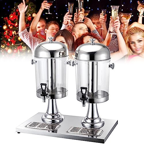 Dispensador de bebidas de doble cabezal de 16 L con tapa hermética y grifo de acero inoxidable para bebidas frías de cerveza, cuerpo de cubo de polietileno transparente, plateado