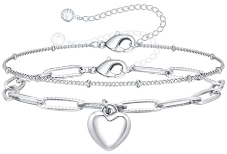 XUANPAI Armband Damen Silber Gold mit Herz - 2Pcs Armbänder Verstellbar Edelstahl Mehrreihige Charm Armkette Geschenk für Frauen Mädchen Schmuck Damen Mama Freundin Tochter Geburtstag