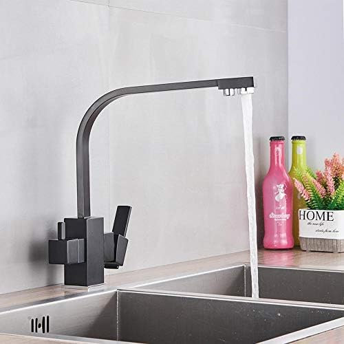 Robinet De Cuisine En Laiton Chromé Noir Mat Avec Filtre Pour Évier, Robinet De Cuisine Double Rotatif À 360 ° Monté Sur Le Pont Avec Eau Filtrée