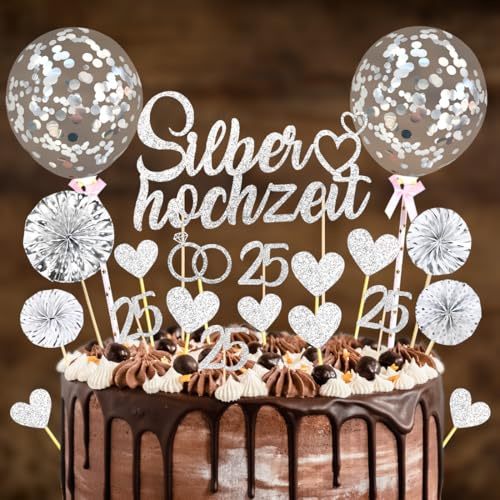 23 Stück Tortendeko Silberhochzeit Cake Topper, Silberhochzeit Deko 25, Silber Glitzer Kuchendeko für 25 Hochzeitstag Geschenk
