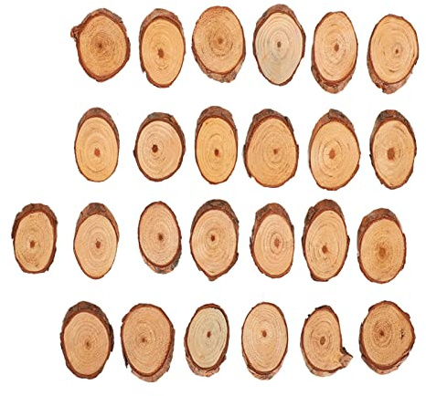 Msiud 25 Rodajas de Madera de Pino Ovaladas para Manualidades y Decoración | Corte oblicuo natural con corteza de árbol superficie sin terminar ideal para bricolaje bodas y proyectos artesanales