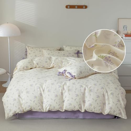 Set di biancheria da letto in cotone, king chic, viola, floreale, vintage, botanico, lavanda, fiore, stile giardino, lilla, floreale, copripiumino con chiusura a cerniera, set di biancheria da letto