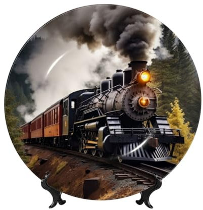 HCBPWVQA Bone China Decorative Plate for Display Ceramic Decorative Plate with Stand Steam Train Ceramic Dinner Plate Crafts 7in Ceramic Ornaments for Wall Hanging Decoration