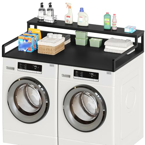 YATINEY Comptoir de lave-linge avec étagère à 2 niveaux, comptoir à linge de 137,2 x 70,1 cm, étagère en bois, organisation et rangement de la buanderie avec rails de bord et patins antidérapants