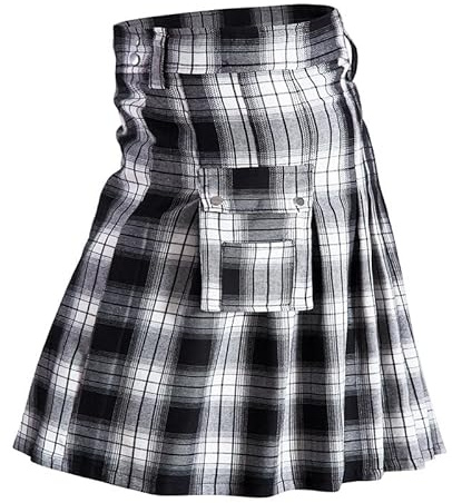 Colorful House Mens Scottish Kilt,Traditional Highland Adult Grid Printing Bottoms Tartan Utility Kilt(Black and White,2XL)