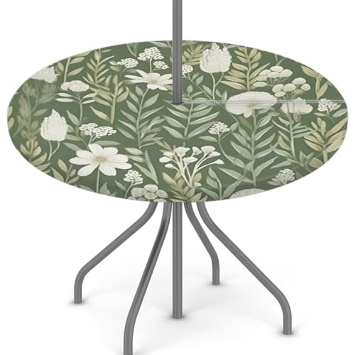 Woltant Nappe ronde avec trou pour parasol et fermeture éclair à essuyer facilement avec bords élastiques - Protection de table pour extérieur, jardin, patio, barbecue (Fleur verte en forme de feuille