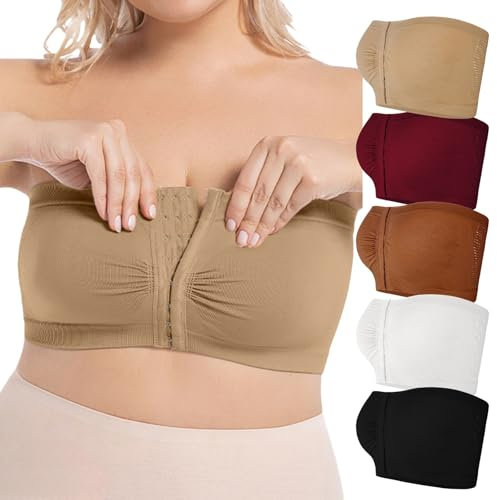 Strapless Bras for Large Breasts Front Fastening Push up Plus Size Minimiser Full Coverage High Support Non Wired Padded Bralette Tube Top Breathable Wireless Everyday Bandeau Bra S-6XL Khaki