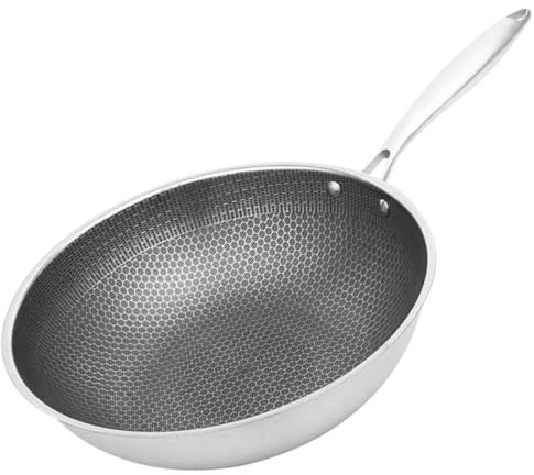 POPETPOP Padella Wok Antiaderente in Acciaio 32cm Manico Ergonomico, Padella Wok Per Friggere Verdure e Carne, Resistente All'usura, Adatta a Cucine a Gas Ed Elettriche