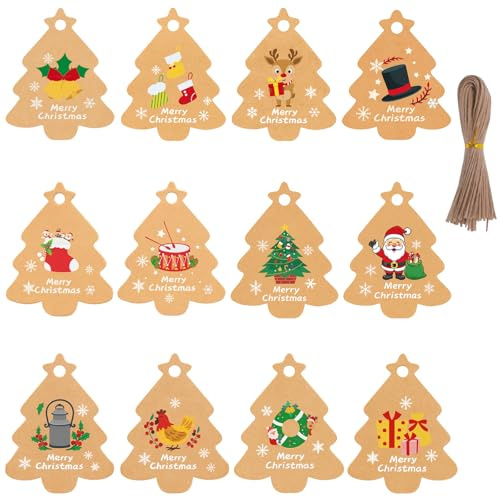 Geschenkanhänger Weihnachten,48 Stück mit 12 Motiven für Weihnachtsdeko Geschenke, Baumschmuck Weihnachtsbaum Kraftpapier, als Weihnachtsanhänger und Etiketten Weihnachten ﻿