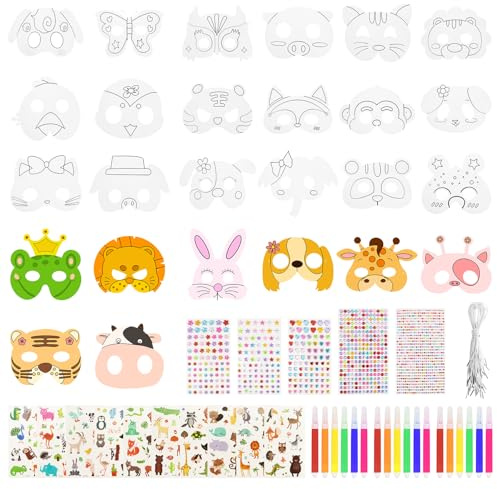 ZYNERY 26 Stück Masken Basteln Kinder, Tier Maske zum Ausmalen Kind Papier Blanko Masken zum Bemalen Kinder mit 18 AquarellPinsel Tiermasken zum Bemalen für Kindergeburtstag Halloween Fasching