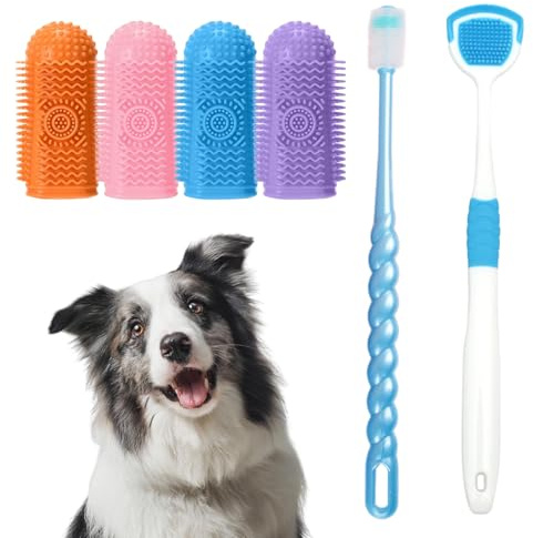 PORUPAEL Set di spazzolini da denti per cani (6 confezioni) – 4 spazzolini da dita, spazzola rotante con setole e pulisci lingua per la cura dentale completa del cane