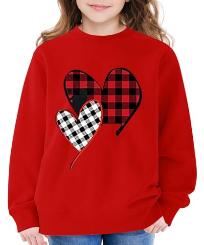 Mjjsk Flickor rund hals sweatshirt trendigt hjärta grafisk jumper barn vardaglig långärmad pullover toppar Preppy söt komfort semester kläder, Röd, 3-4 Years