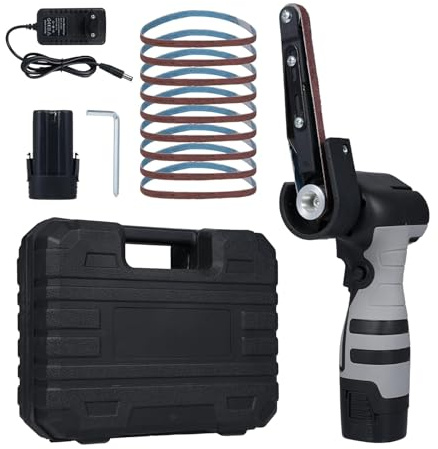 Ponceuse à Bande Sans Fil Mini,6500 tours/min, Tête Réglable 360°, 2 Batteries 1500mAh, avec 10 Bandes Abrasives, pour Ponçage Fin Bois/Métal/Cuir/Verre