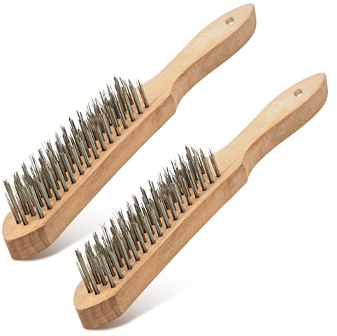 ZAVIA 2 Pack Wooden Wire Brush for Rust Removal | 4 Row Carbon Steel Wire Scratch Brush for Cleaning Corrosion Off Small Metal Parts | Metal Cleaning Wire Brushes for Welding Slag Removal