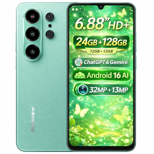 Blackview Wave 10 AI Smartphone, 6,88 HD+ Pantalla, 24GB+128GB(2TB Externa), 3 Asistentes Inteligentes IA, Cámara 32MP+13MP, Ranura para 3 Tarjetas, Android 16 Dual SIM, Teléfono Móvil GPS, Verde