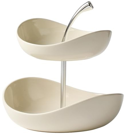Ciotola per frutta a due livelli, elegante cestino per frutta in ceramica con strati staccabili per evitare la miscelazione dei sapori, piatto da portata in ceramica bianca con design a ciliegia