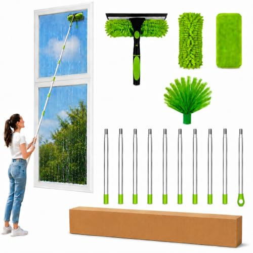 Instio 4.5m Window Cleaning Kit with 14.76ft Window Cleaner Tool, Window Squeegee, Cobweb Brush, 1 Chenille & 1 Coral Fleece Pads, 10 * 43cm Extendable Window Cleaning Pole for High Window