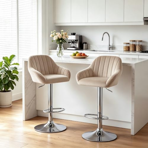 Relbiety Tabouret Bar Lot de 2 Fauteuil de Bar Velours Réglable,Brun Clair
