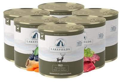 Lakefields Premium Hundefutter Nass | Wild 59% | 6 x 800g | Getreidefreies Nassfutter für Hunde | Natürliche Zutaten in Lebensmittelqualität | Karotten, Kartoffeln & Heidelbeeren | Schonend gegart