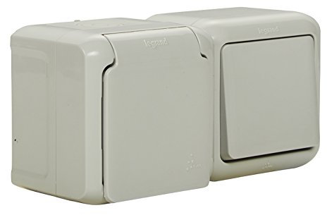 LEGRAND, Feuchtraum Aufputz Steckdosen-Schalter Kombination (waagerecht) IP44, Steckdose mit Schutzkontakt & Deckel,zur Montage auf der Wand, 782391