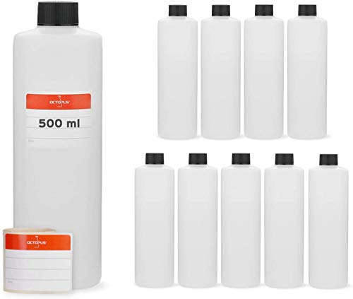 Octopus 10 x 500 ml HDPE-Rundflaschen mit schwarzen Schraubdeckeln | Leere Kunststoffflaschen mit 25-mm-Gewinde, inklusive Beschriftungsetiketten, zum Abfüllen und Aufbewahren.