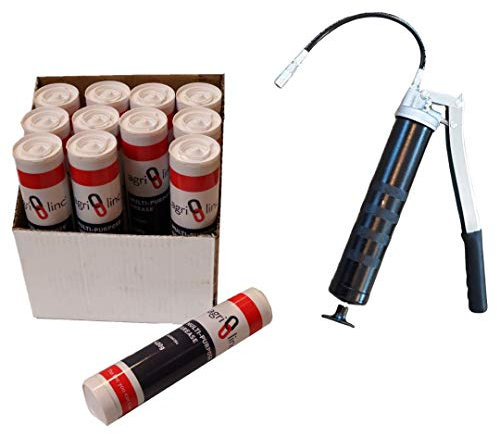 Grease Gun and Box of 12 Grease Cartridges Bundle, 10000 Psi Lever Grease Gun with Flexible Hose and Coupler, EP2 Lithium-based Grease, 400g/14oz Cartridge, by Agri-Linc