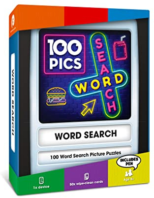 100 PICS Word Search Travel Game - 100 Puzzles with picture clues | 50 wipe clean cards, slide reveal case & pen | Activity, Gift, Stocking Filler | For kids & adults, Age 6+
