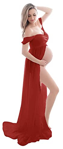FEOYA-Robe sans Bretelles Photographie pour Les Femmes Enceintes Robes de Maternite Accessoires Fendu Devant Hors Epaule Robe EtE Sexy Femmes Enceintes en Mousseline de Soie Photos Shoot,XL,Rouge