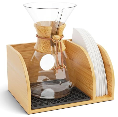 HEXNUB – Caddy for Chemex and Pour Over Coffee Maker, Bamboo Stand with Chemex Filter Holder, Fits Chemex Coffee Maker, Bodum, Cosori, With Heatproof Mat - Black