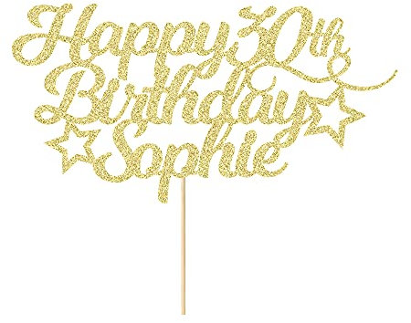 Personalised Happy Birthday Cake Topper Customised with Any Age Name Party Cake Decoration 16 18 21 40 60 Double Sided Glitter Card Champagne Gold